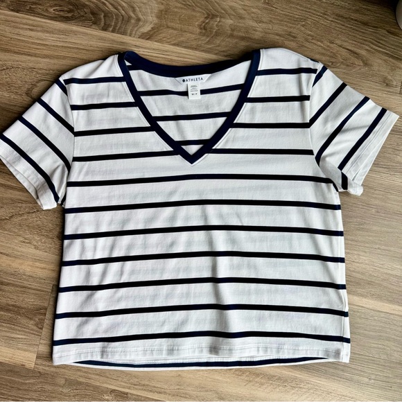 Athleta Size M Striped V Neck Tee White Navy Short Sleeve Top - Picture 3 of 9